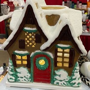 PartyLite Festive Brown and Red Holiday House Candle Holder